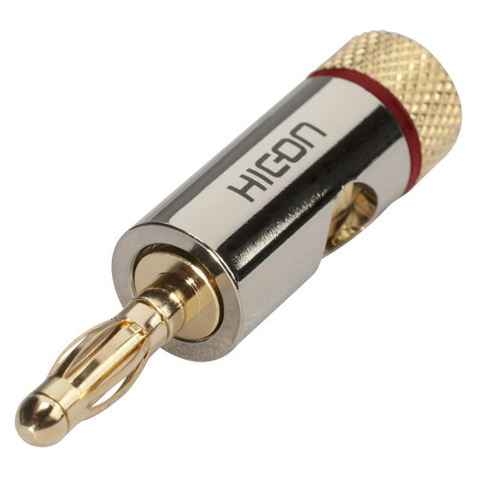 HICON HI-BM06-RED Banankontakt med universalklämma, kaskadbar, 1-pol, metall-, skruv-typ hankontakt, guldpläterade kontakt(er), rak, kromfärgad